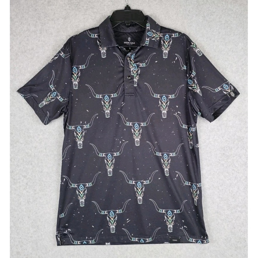 Iron Oak Polo Shirt Mens S Black Toro Steer AOP Pearl Snap Performance Stretch